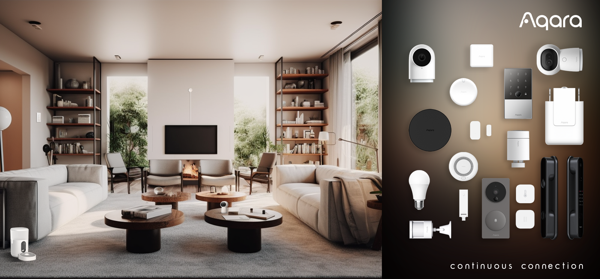 Modern living room with Agora smart home devices displayed on the right.