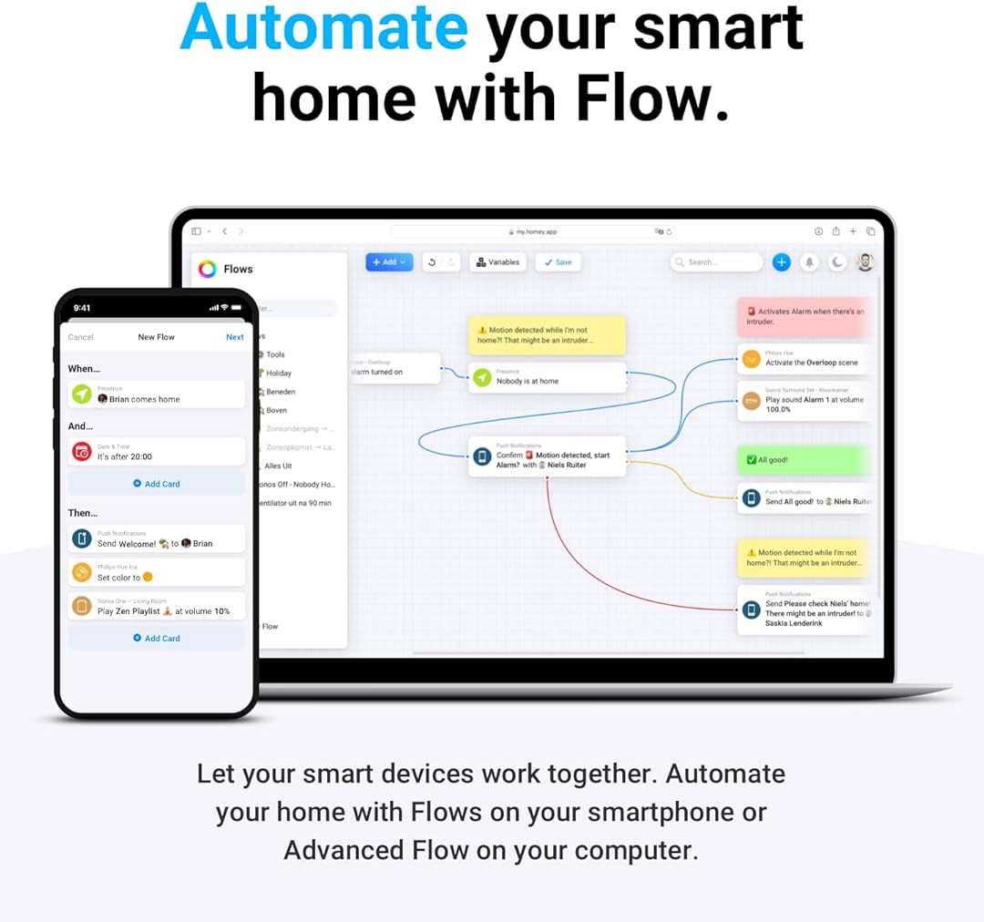 Homey Pro (2026) | Smart Hub for Home Automation – Features Z-Wave Plus, Zigbee, Wi-Fi, BLE, Infrared, Matter & Thread. Compatible with Siri, Alexa & Google Home.