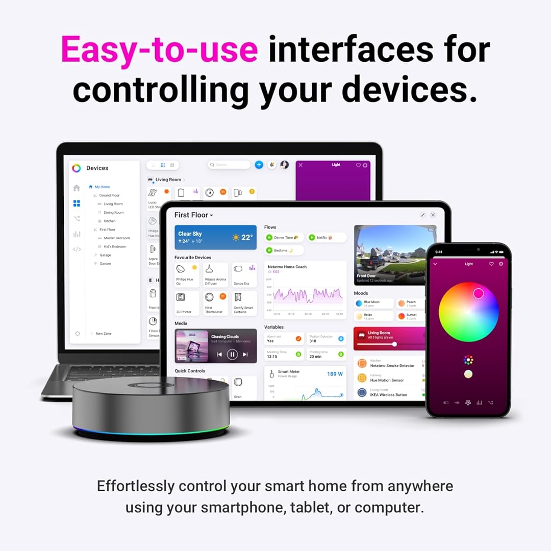 Homey Pro (2026) | Smart Hub for Home Automation – Features Z-Wave Plus, Zigbee, Wi-Fi, BLE, Infrared, Matter & Thread. Compatible with Siri, Alexa & Google Home.